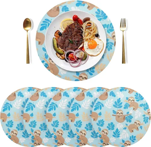 Vista 3 de Cute Cartoon Sloths Blue Round Table Placemats, Heat Resistant Non Slip Placemats Round for Kitchen one sizex1