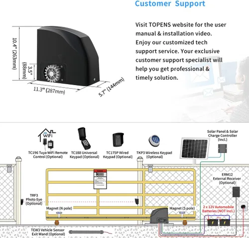 Vista 6 de TOPENS DKR500ST - Abridor automático de puerta corredera solar con accionamiento de cremallera, motor de puerta para puertas corredizas pesadas