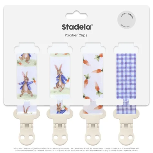 Vista 5 de Stadela Juego de 4 clips para chupete para bebé - Juego de regalo unisex para niño y niña – Diseño neutro vintage de conejos y zanahorias en beige