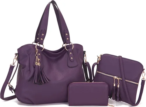 Vista 12 de Qiyuer - Juego de bolsos y carteras para mujer: bolso grande tipo bandolera, bolso tipo hobo y cartera, 3 piezas A01-3pcs/Set Gris