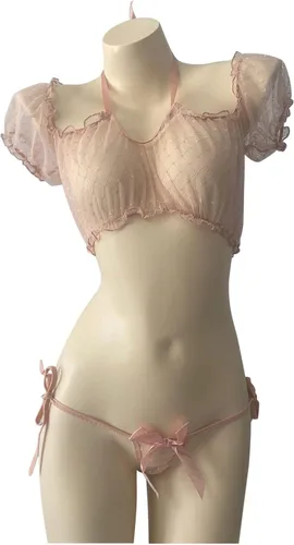 Vista 7 de Lencería sexy de sirvienta francesa para juegos sexuales traviesos, ribete de encaje, malla transparente, babydoll, camisola, enfermera, cosplay