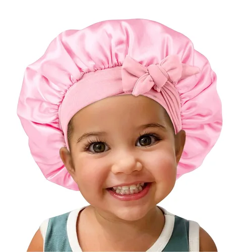 Vista 3 de Gorro de satén de seda para el cabello: 2 gorros para niños con banda elástica para atar y ajustar las correas ajustables para dormir y dormir