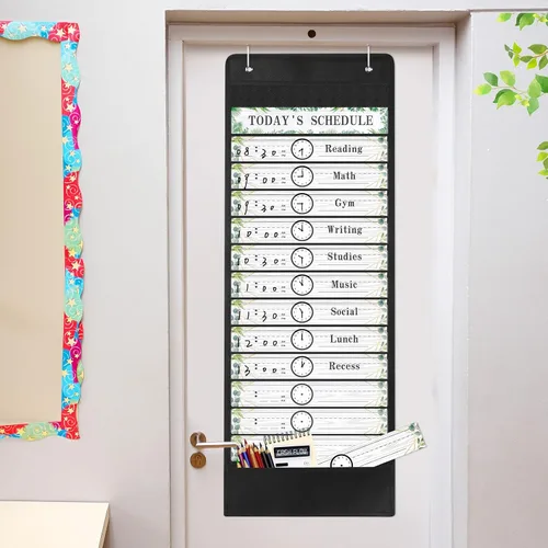 Vista 6 de Tatuo Tabla de bolsillo diario para el aula con tarjetas reutilizables y 14 bolsillos, suministros de aula de granja, tablas de horarios