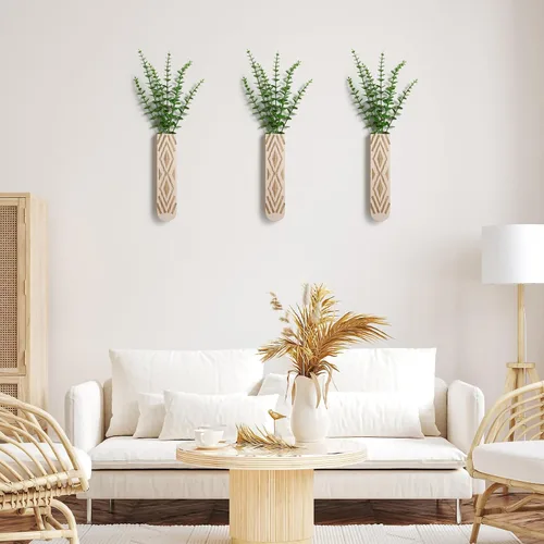Vista 3 de Paquete de 3 macetas de pared de madera, arte de pared bohemio para entrada y decoración de baño, decoración moderna de granja, jarrón de decoración