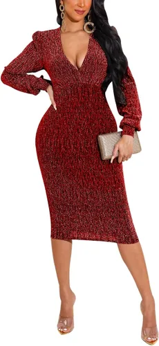 Vista 3 de Vestido sexy para mujer, brillante, básico, de manga larga, entallado, con lentejuelas, club, noche, fiesta, vestido midi