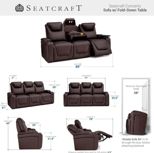Vista 2 de Seatcraft Concerto Home Theater - Sofá marrón con mesa plegable