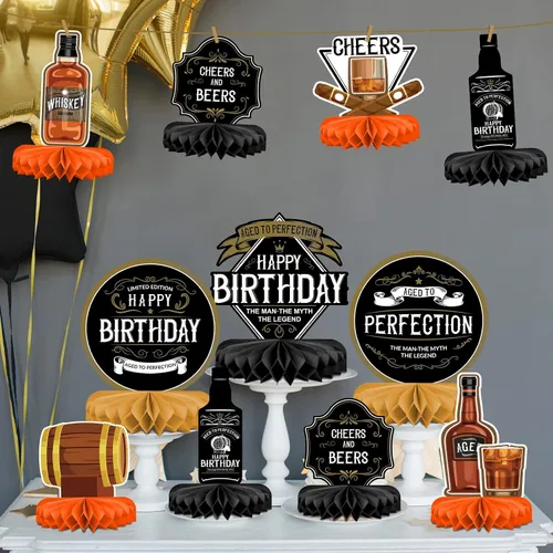 Vista 3 de Decoraciones de fiesta de cumpleaños con patrón de whisky para hombres, centro de mesa de whisky en forma de panal, decoraciones de mesa