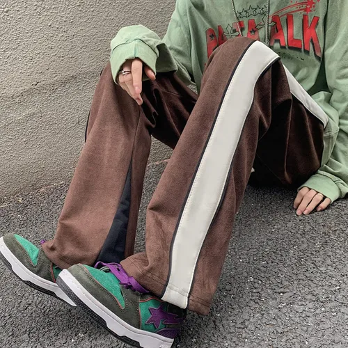 Vista 6 de Skateboard Frog Pantalones de chándal para hombre Patchwork Open Wide Bottom Suede Casual Pantalones de pierna recta