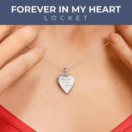 Vista 3 de Collar con medallón y frase en inglés Forever in My Heart para fotos en plata de ley y chapado en oro amarillo, 34 pulgadas x 34 pulgadas, incluye