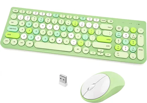 Vista 10 de Combo de teclado y mouse inalámbricos, teclado retro de máquina de escribir con teclas redondas, teclado inalámbrico USB de 2.4 GHz lindo