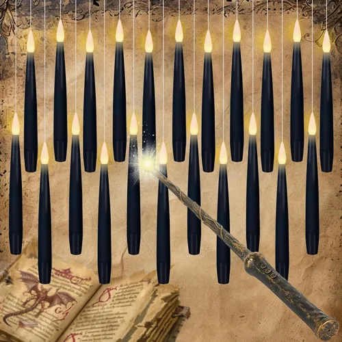 Vista 8 de GenSwin Velas cónicas sin llama de Halloween en negro con candelabros de mano de fantasma y temporizador remoto, 2 piezas de velas cónicas operadas