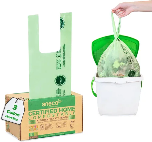 Vista 16 de ANECO Bolsas de basura 100% compostables para el hogar (bolsas de basura de 1.6 galones, 50 unidades), pequeñas bolsas de compost de cocina