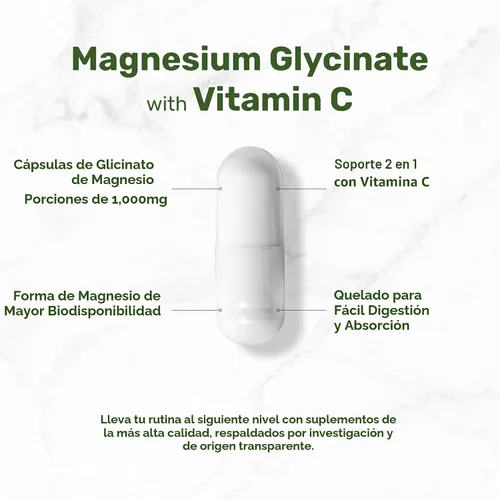 Vista 3 de Glicinato de magnesio 500 mg por cápsula (1000 mg por porción) más vitamina C, 240 cápsulas – 100% quelado para una fácil absorción – Suplemento