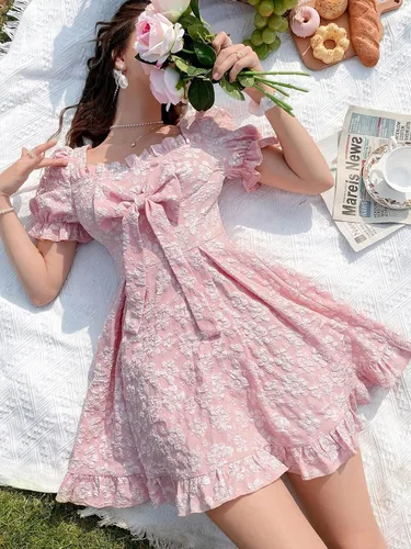 Vista 3 de Vestido hinchado rosa dulce para mujer, estampado floral, lazo frontal, vestido de hadas jacquard