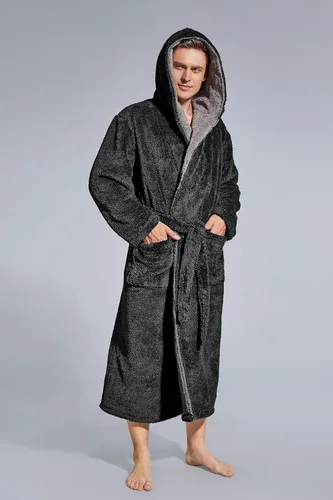 Vista 2 de Mens Fleece Plush Robe with Hood Ultra Soft Fluffy Full Length Long with Pockets Luxurious House Coat