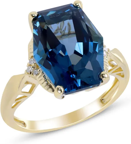 Vista 2 de Gin & Grace Anillo de topacio azul Londres auténtico de oro amarillo de 14 con diamantes para mujer, joyería hecha a mano con forma de topacio azul