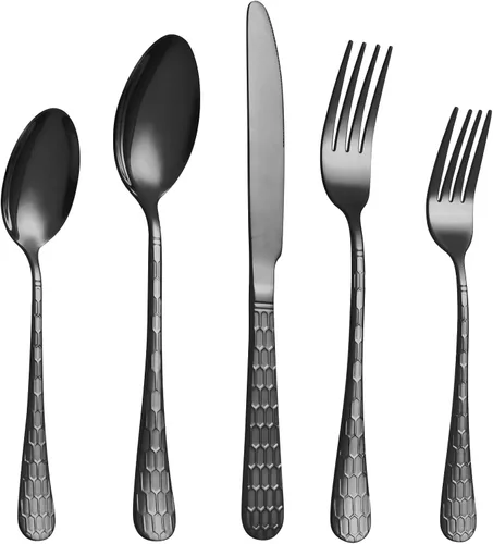 Vista 7 de Juego de cubiertos negros de 20 piezas para 4, juego de cubiertos de acero inoxidable de grado alimenticio, incluye tenedor/cuchillo/cuchara, juego