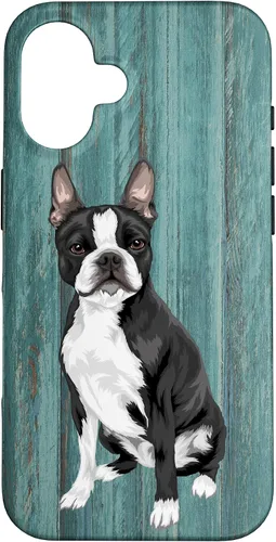 Vista 32 de Boston Terrier Faux Blue Wood Background Case for iPhone 17