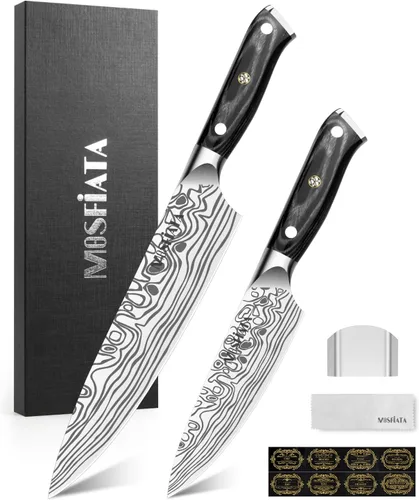 Vista 13 de MOSFiATA - Cuchillo de chef de 10 pulgadas súper afilado, cuchillo de cocina profesional con protector de dedos en caja de regalo, cuchillo