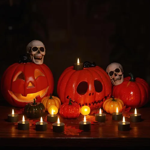 Vista 2 de GenSwin 12 velas de té recargables con base de carga y temporizador remoto, velas LED sin llama, funciona con pilas, para Halloween, otoño, mesa