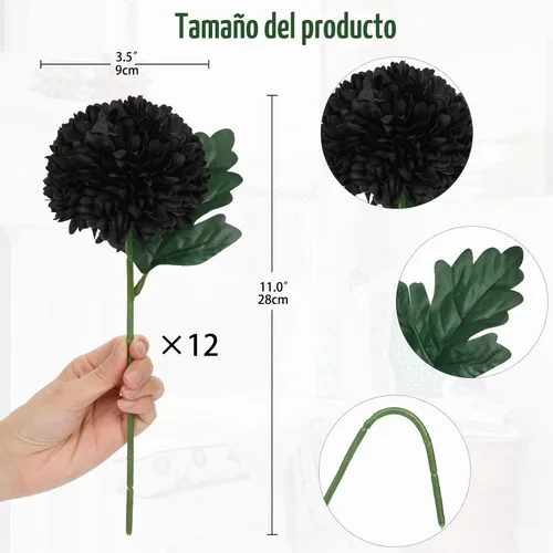 Vista 3 de Briful 12 tallos artificiales de crisantemo negro – Cabezas de flores de seda de 11 pulgadas de alto con hojas verdes, tallos flexibles para 3.5