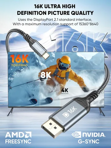Vista 2 de Cable USB C a DisplayPort 2.1 de 80 Gbps de 6.6 pies, cable de pantalla USB C de 16K a 60Hz 8K a 120Hz 4K a 240Hz, trenzado unidireccional