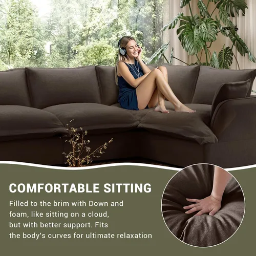 Vista 4 de Sofá modular de mezcla de lino para sala de estar, cómodo sofá modular con relleno de plumón, moderno sofá cama convertible con asiento profundo