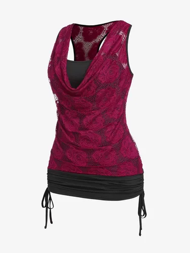 Vista 3 de ROSE GAL Túnica de encaje para mujer, talla grande, cuello en V, camiseta sin mangas gráfica, casual, para verano, linda túnica