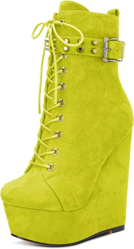 Vista 15 de HDEUOLM Botas de tobillo con tacón de plataforma de cuña alta para mujer, botines cortos con cordones y cremallera Negro