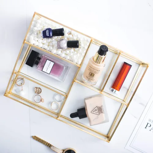 Vista 5 de Organizador de maquillaje antiguo para encimera, caja de almacenamiento de cosméticos de cristal, soporte de gran capacidad para pinceles, lápices