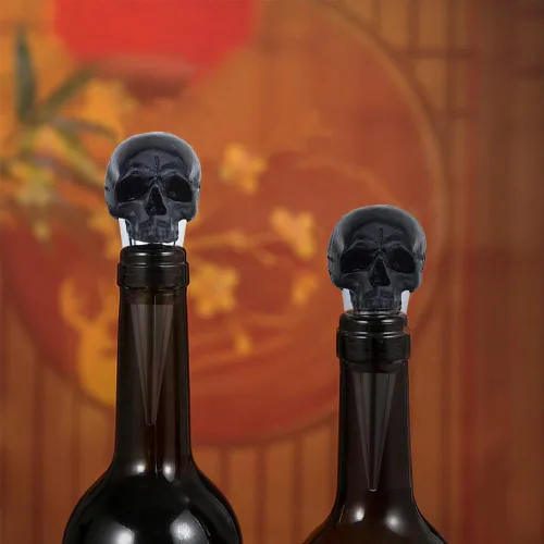 Vista 7 de Tapón de vino con diseño de calavera negra con lazo sellado de goma, accesorios de regalo para bar, boda, banquete, fiesta, vino, champán, amantes
