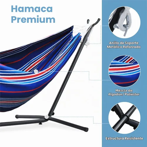 Vista 3 de Hamaca doble ajustable de capacidad de 550 libras con soporte de acero resistente de 10 pies, incluye funda de transporte portátil, fácil de Azul