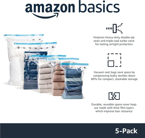 Vista 2 de Amazon Basics Vacuum Storage Bags, Compression Space Saving for Clothes and Linens, Reusable with Hand Pump, Large, Clear, 5 Count (Pack of 10)