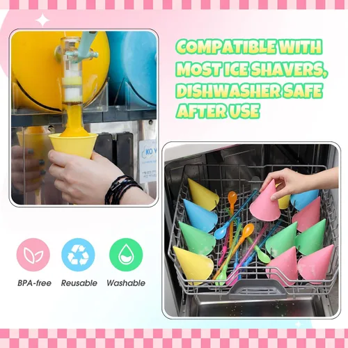 Vista 4 de FoldTier 20 tazas reutilizables de cono de nieve de 6 onzas con 20 cucharas de plástico multicolor de 9.3 pulgadas, suministros de hielo afeitado a