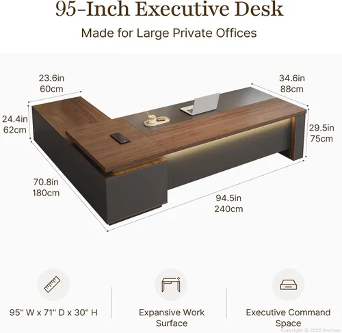 Vista 2 de Escritorio ejecutivo reversible en forma de L de 95 pulgadas con cajones, escritorio de lujo para computadora de oficina con estantes abiertos Nuez