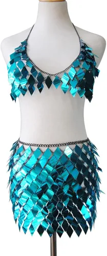 Vista 2 de Nicute Conjunto de falda de lentejuelas y lentejuelas para festivales, conjunto sexy de verano, playa, bikini para mujeres y niñas