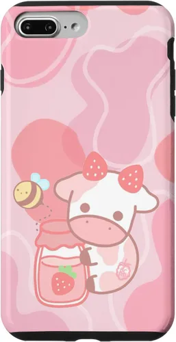 Vista 12 de Funda Kawaii para iPhone 12, diseño de vaca fresa, color rosa