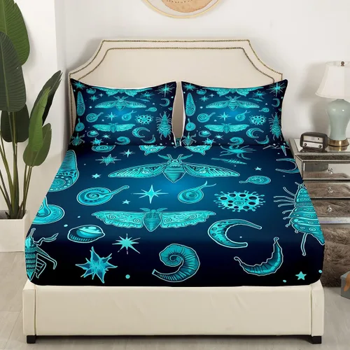 Vista 3 de Erosebridal Juego de ropa de cama color verde azulado tamaño individual, sábana bajera ajustable de polilla exótica Trippy Sun y Moon para niñas