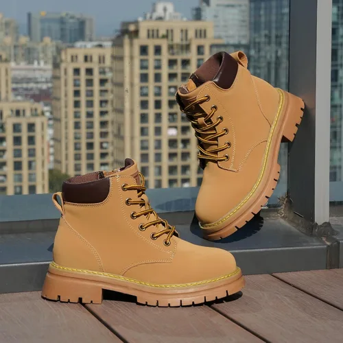 Vista 4 de JABASIC Botines de cuero para mujer, tacón bajo, con cordones, botas de combate, botas de trabajo de moda para exteriores