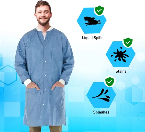 Vista 3 de Distributors - Abrigo de laboratorio desechable SMS de alto rendimiento con puños y cuello de punto, 3 bolsillos, longitud al muslo envuelta