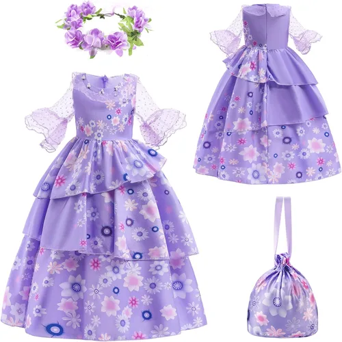 Vista 2 de Ainvliya Encanto Dress for Girls, Mirabel Isabella Encanto Costume, Halloween Cosplay Princess Dress Up With Bags Earrings