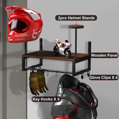 Vista 4 de Soporte de pared para casco, estante retro para casco con tabla de madera, 2 soportes para casco para almacenamiento de equipo de motocicleta