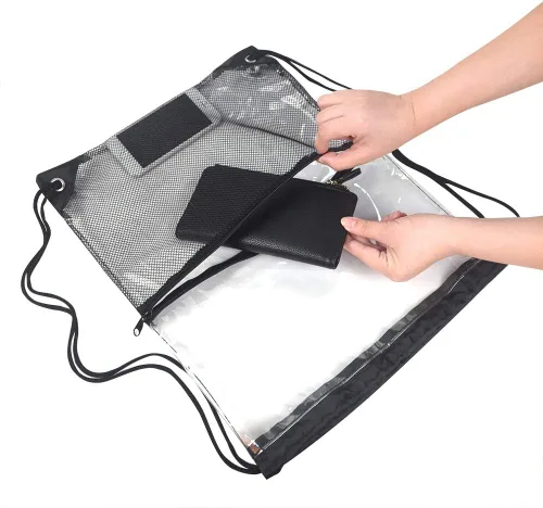 Vista 3 de Bolsa de cordón transparente impermeable con cordón para estadio, Negro (mesh black), M, Viajar