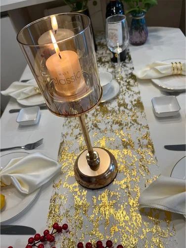Vista 4 de Camino de mesa de oro metálico con purpurina de 11x108 pulgadas, rollo de camino de mesa fino brillante, decoración de mesa para bodas, despedida