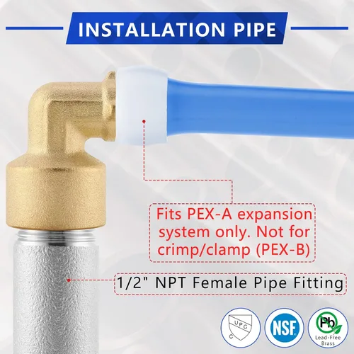 Vista 3 de Paquete de 5 YVSKM) 1/2" PEX-A Expansión × 1/2" Hembra NPT codo NPT, conexión roscada de flujo completo de latón sin plomo, certificado ASTM F1960