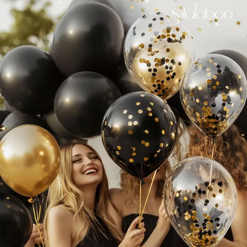 Vista 3 de Globos metálicos negros y dorados de 12 pulgadas, 73 globos de látex con confeti dorado y negro, juego de globos de helio brillantes para fiestas