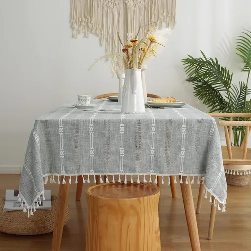 Vista 10 de Gernaice Mantel bordado de rayas rústicas con borlas cuadradas y pequeñas de algodón y lino, sin arrugas, lavable, para mesita de noche, café, Marrón