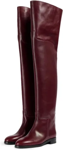 Vista 9 de YDN Botas planas de pantorrilla ancha para mujer, con puntera redonda, por encima de la rodilla, con tacón bajo, botas altas hasta el muslo, zapatos