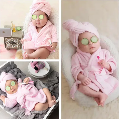 Vista 4 de Accesorios de fotografía para recién nacidos, 5 piezas, batas de baño, toallas de baño con zapatillas, accesorios para fotos de pepino para bebés