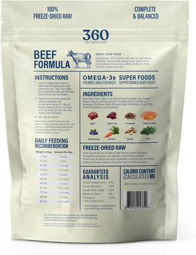 Vista 9 de 360 Pet Nutrition Alimento crudo liofilizado para perros – Receta de carne de res con hígado y órganos, alta proteína con omega-3, frutas, verduras